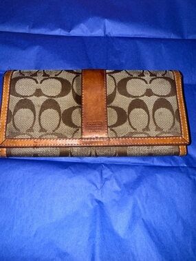 Coach Brown Signature Canvas Continental Wallet with Tan Leather Trim